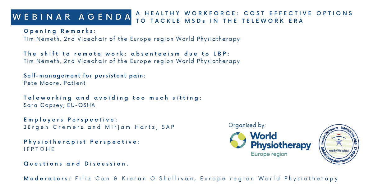 ERWorldPhysio's tweet photo. 🤝Webinar in collab. with @EU_OSHA

As an official partner of #HealthyWorkplacesLightenTheLoad we are holding a webinar on cost-effective options to tackle #MSDs in #telework.

If you are a company representative or a health stakeholder this is for you!👉https://t.co/EiKsvB9VSm https://t.co/MzTdDc0TBU