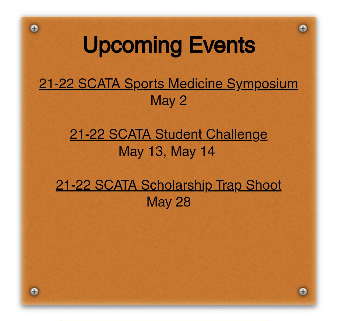 SunCityATA's tweet photo. Check out the new Upcoming Events Box on the SCATA Website home page. You can click the upcoming event link to find more details and register for the event. 

Sports Medicine Symposium, Student Challenge, and Trap Shoot are now live!

SCATA homepage link- https://t.co/Jom6QG5b9o https://t.co/DUd5yIHttL