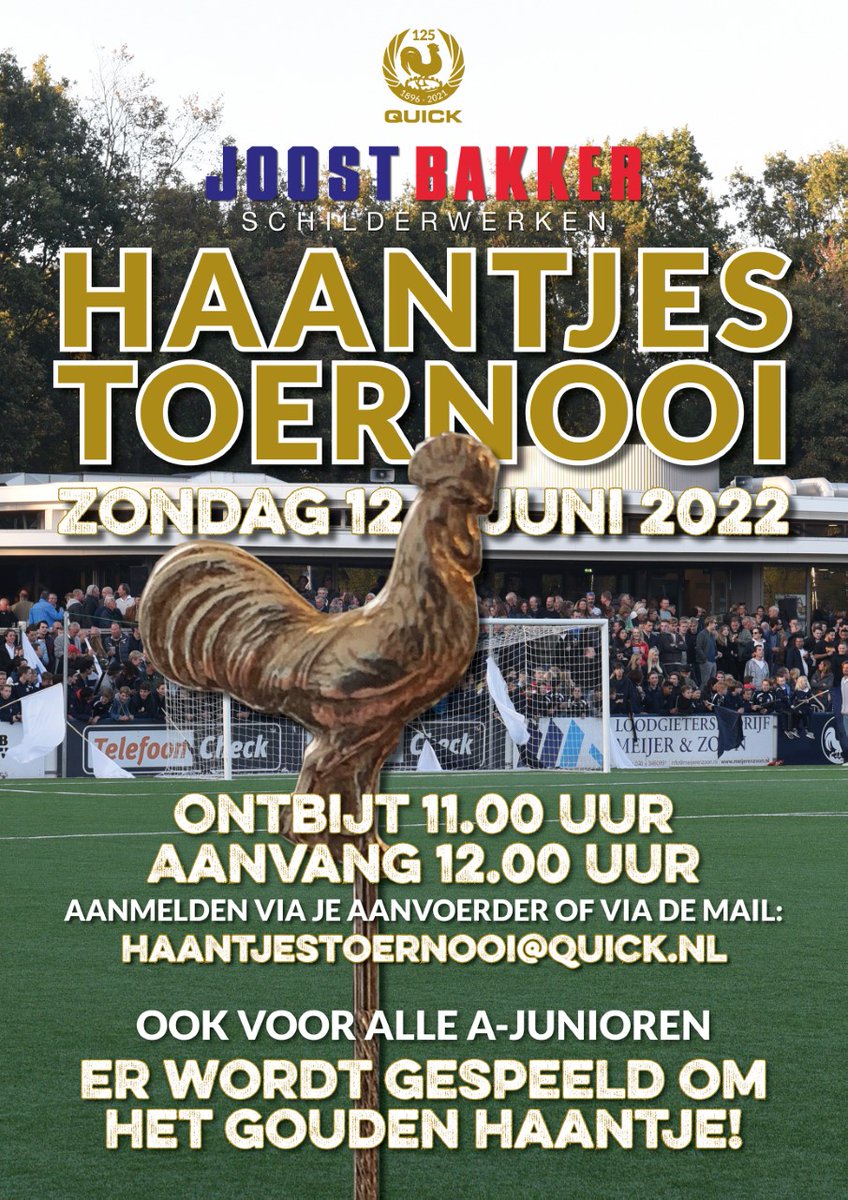 HVCVQuick's tweet photo. Op zondag 12 juni - de laatste dag van de Quick125! jubileumweek - vindt het Gouden Haantjestoernooi plaats! Alle senioren en A-junioren kunnen zich inschrijven om te strijden voor het Gouden Haantje. Het toernooi wordt weer gesponsord door Joost Bakker Schilderwerken. #Quick125! https://t.co/9TmwUfQ1vC