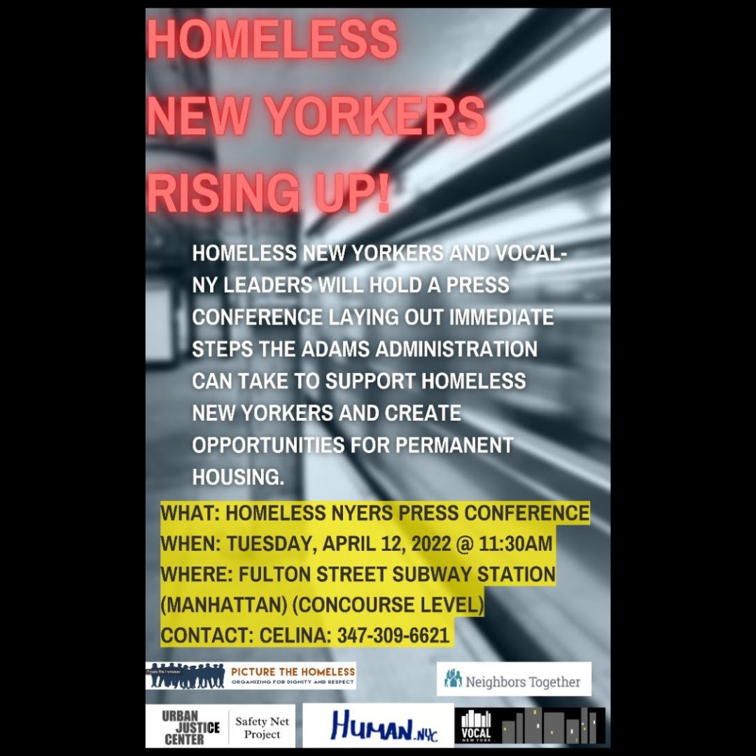 Happening Today at 11:30am! Join Vocal NY, Picture the Homeless, Neighbors Together, Urban Justice Center, and others to support homeless New Yorkers and the fight for permanent housing.