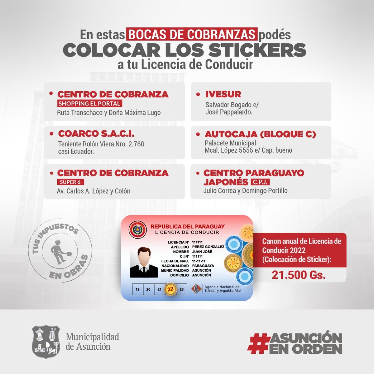 AsuncionMuni's tweet photo. Info útil📢
Tenés tiempo hasta las 15 hs. de hoy para realizar la colocación del sticker en tu licencia de conducir y tener todo en orden para viajar 🙌 #OperativoSemanaSanta https://t.co/5TFXjGg0Hc