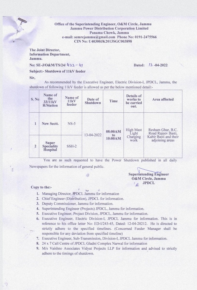SE (O & M) Circle Jammu JPDCL tweet media