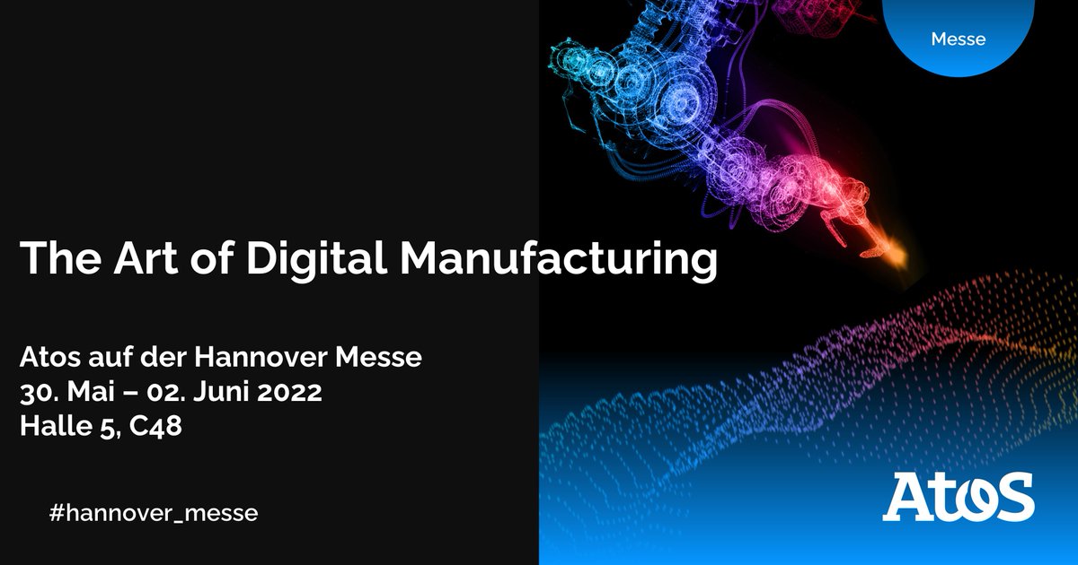 Atos_DE's tweet photo. Besuchen Sie @Atos vom 30. Mai - 2. Juni 2022 auf der @hannover_messe 

✔️ Halle 5, Stand C48

✔️ Messemotto „The Art of Digital Manufacturing“

👉Anmeldung: https://t.co/QZ8g0EPXbd

#HM22 #hannovermesse #AtosArt2022 #AtosManufacturing https://t.co/PwiDpz19ue