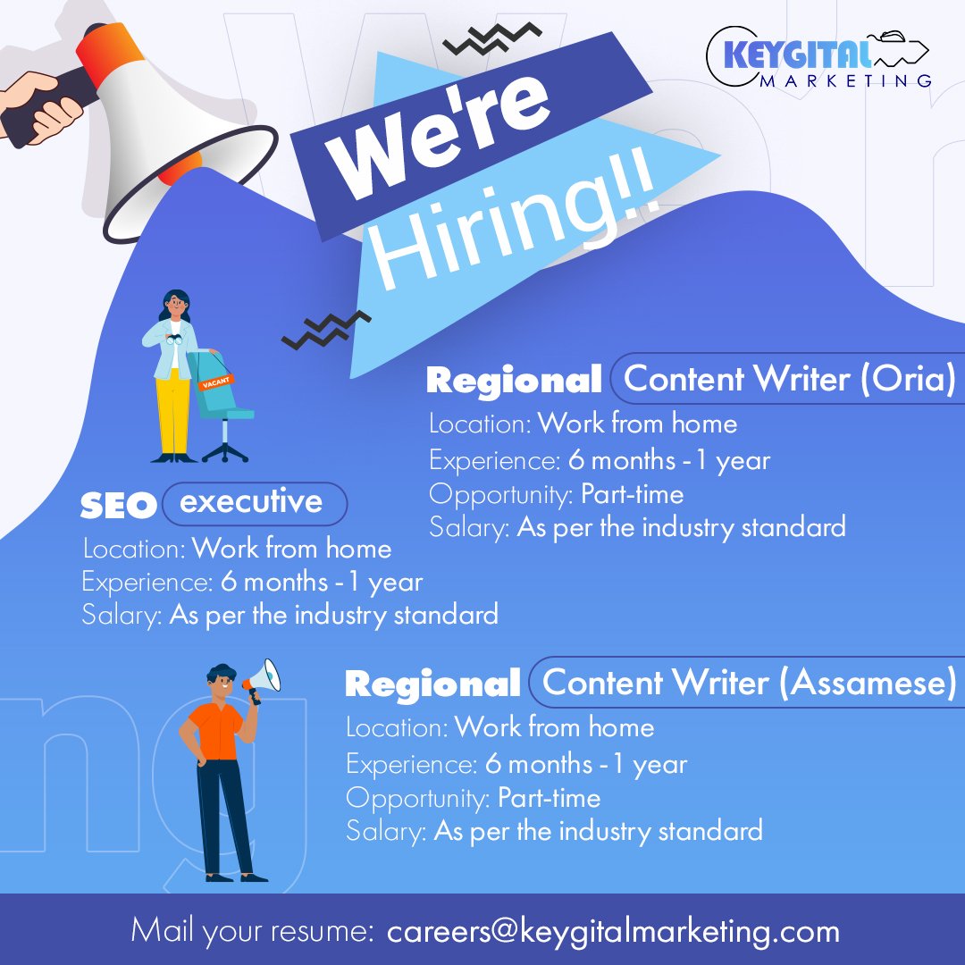 keygital's tweet photo. Keygital Marketing is hiring for multiple positions.
1. SEO executive (6 month to 1 year)
2. Odia content writer (6 month to 1 year)
3. Assamese content writer (6 month to 1 year)

Send us your resume at : careers@keygitalmarketing.com

#job #vacancy #opening #jobvavancy https://t.co/9Vk1agmjQ0