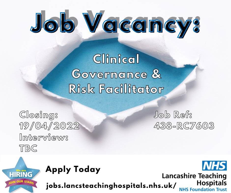 Job vacancy: Clinical Governance &amp; Risk Facilitator <a href="/LancsHospitals/">Chorley & Royal Preston</a> 

⏰ Closes: 19/04/2022

Interested? Discover more here: bit.ly/38KOmGq

#NHS #NHSjobs #ClinicalGovernance #RiskFacilitator #Healthcare #Band5 #Preston #Lancashire