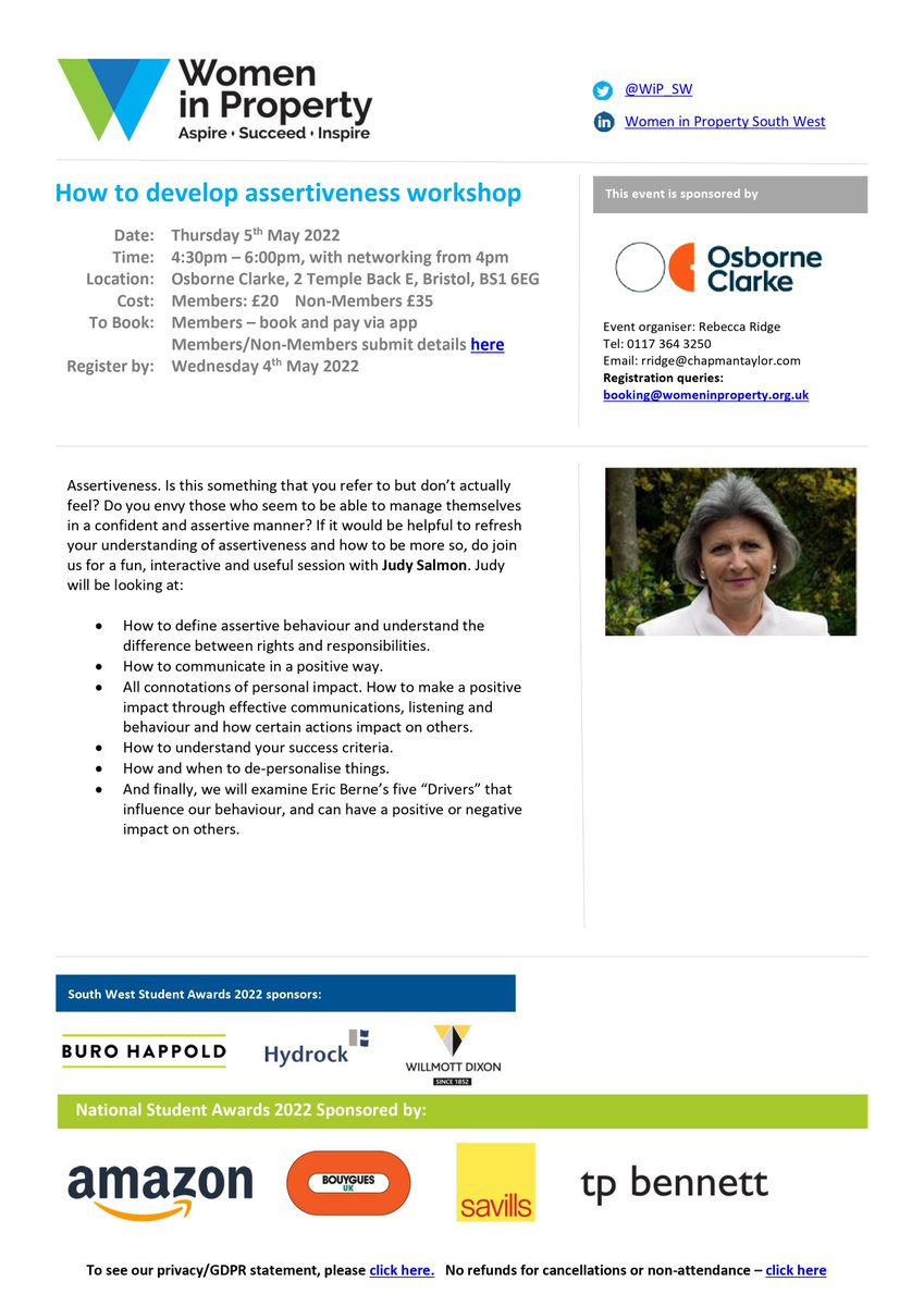 Back by popular demand we have another great Judy Salmon event coming up on the 5th of May! This session Judy will be covering 'How to Develop Assertiveness' - this event is kindly sponsored by <a href="/OsborneClarke/">Osborne Clarke</a> - Sign up now!