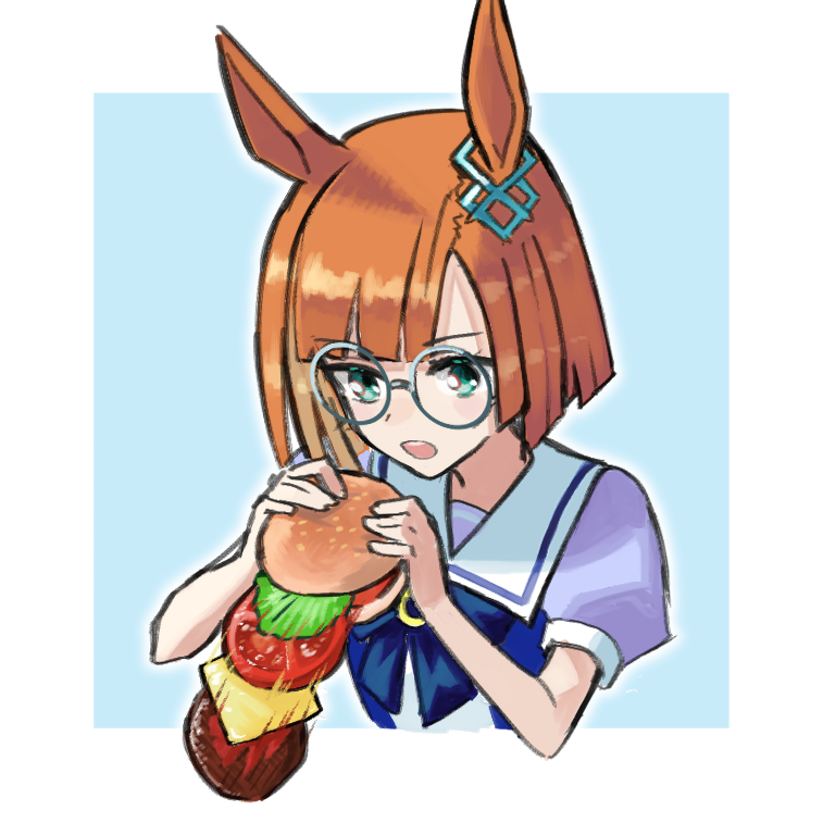 1girl solo animal ears horse ears food burger glasses  illustration images
