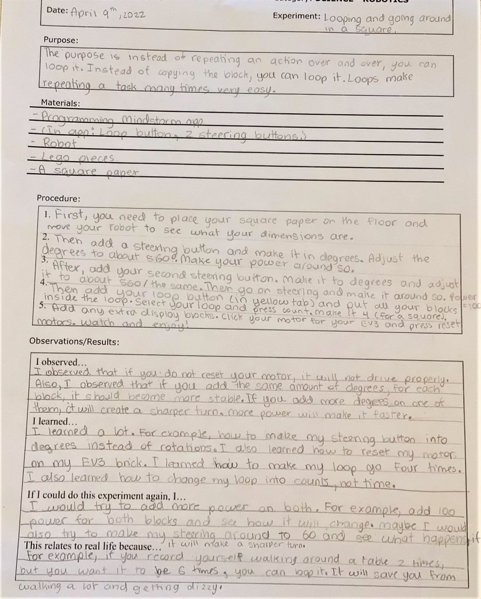 sangeets8's tweet photo. While #programming with visual blocks allows for screen shots to evidence learning; reflecting and 📄 this learning gives a much deeper insight, promoting meta cognitive skills. That’s why lab reports are crucial. Great reflections from these G6 students. #Robotics https://t.co/JLU7PzJAwZ