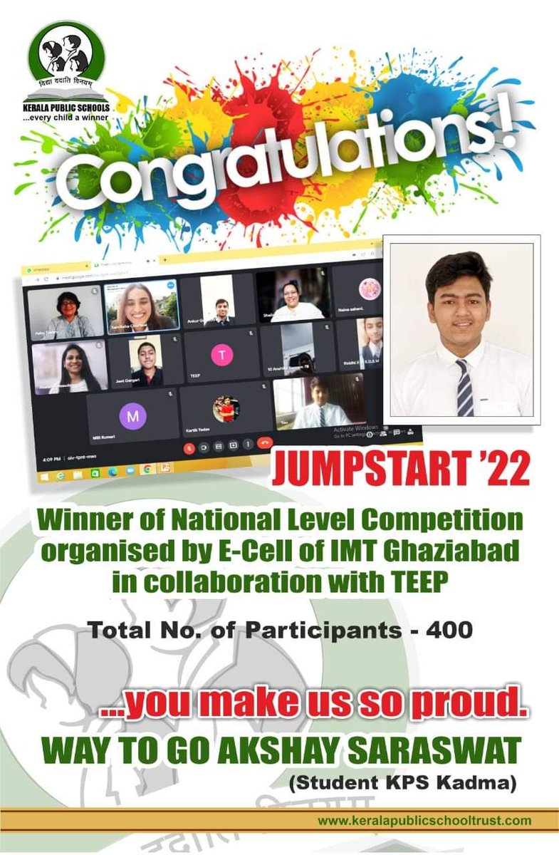 KPS_AOC's tweet photo. Akshay Saraswat of std. XII, KPS Kadma made his way to the top 10 amongst 400 odd participants &amp; bagged the 1st Prize at #jumpstart held by the E- Cell of #IMTGhaziabad.
Congratulations ! to Akshay and teacher #VarshaKedia whose mentorship played a vital role in his winning. https://t.co/pURjiIfUJK