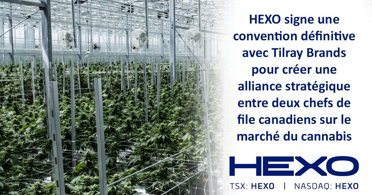 HEXO signe une convention définitive avec Tilray Brands pour créer une alliance stratégique entre deux chefs de file canadiens sur le marché du cannabis bit.ly/3xtC92W