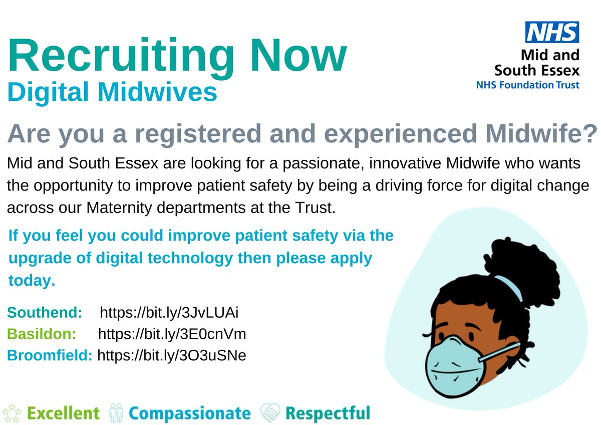 JoinMSEHospital's tweet photo. Are you a Midwife passionate about improving #patientsafety through digital change?

If you're seeking an exciting change where you can make a significant impact, apply today:

Southend: https://t.co/OGsaeVnWul
Basildon: https://t.co/IuLEHOnMZv
Broomfield: https://t.co/VOA387tqFg https://t.co/rdTUtt2K3N