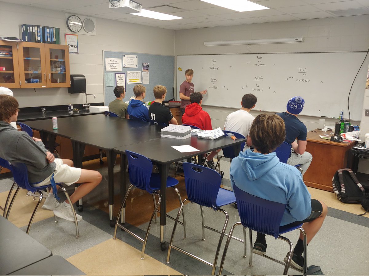 SidelinePowerJJ's tweet photo. #EdgeSetter meetings have begun!! @AGBluejayFball Senior Lleyton West walking the group through formation I.D.s and proper alignnent! https://t.co/KEkAW78gfk