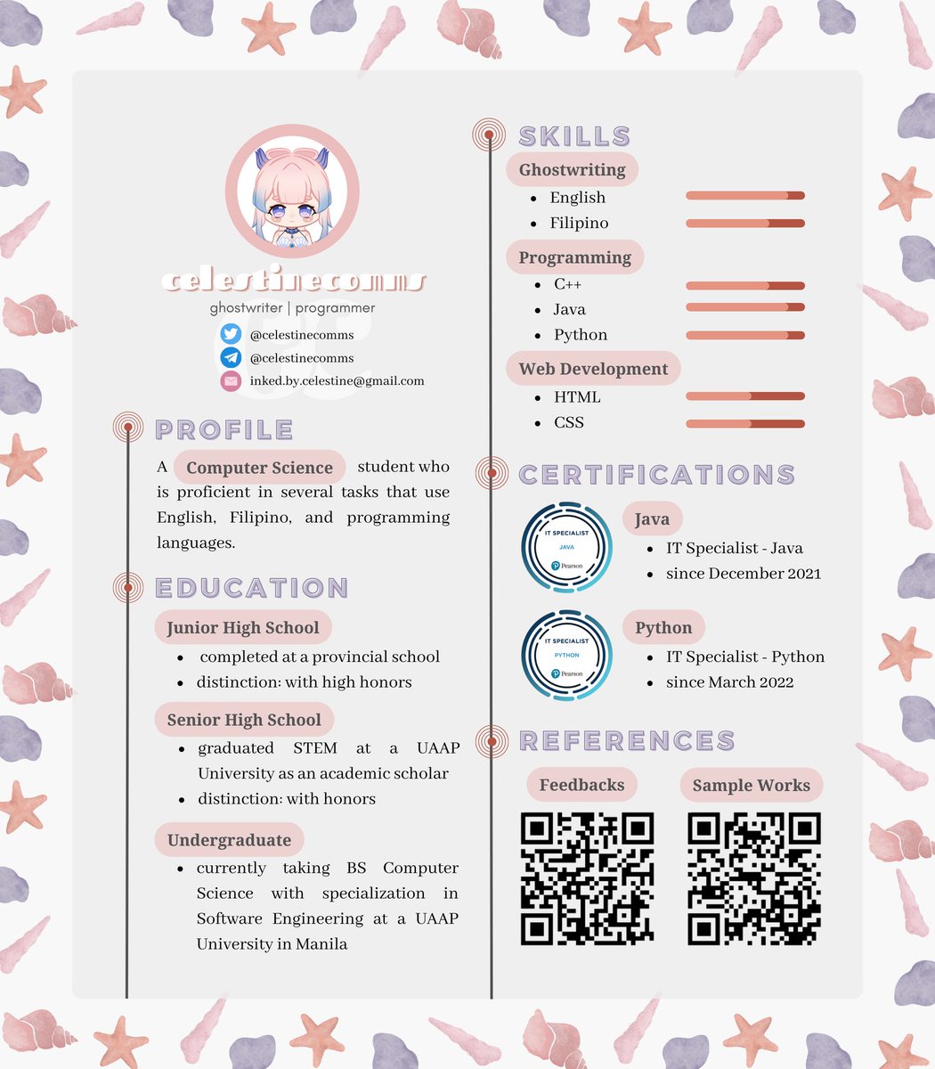 celestinecomms's tweet photo. 𓂃 ✨ ˖ ࣪ ◟ You are what you write!
Hello, welcome to my haven! Please scan through my commission sheet for more information about my services.
🐚 ┊Feedbacks: #celestinecomms_proofs https://t.co/31MQkwKXmR