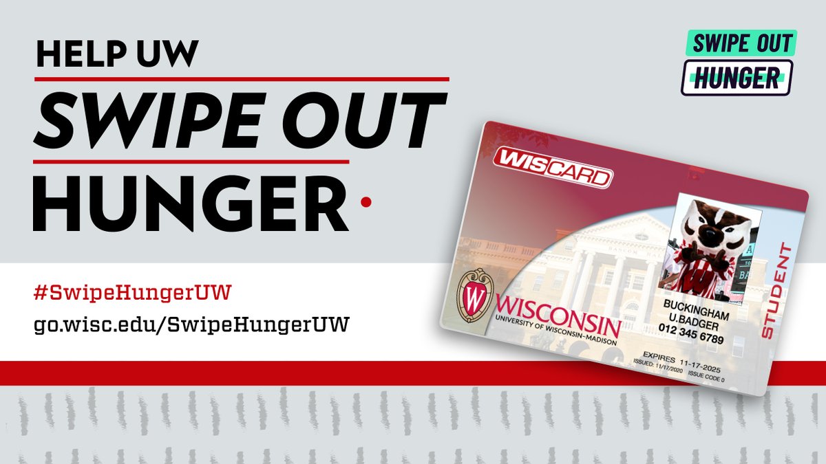 UW_StudentLife's tweet photo. Swipe Drive is happening across campus TODAY! Add $1 to your Wiscard purchase at @HousingUW, @uwrecwell, @UWBookStore, and @WisconsinUnion, and help ensure that all #Badgers have access to nutritious food.
More about #SwipeOutHunger: https://t.co/rDfgkc8hLX https://t.co/zlgEJ95udd