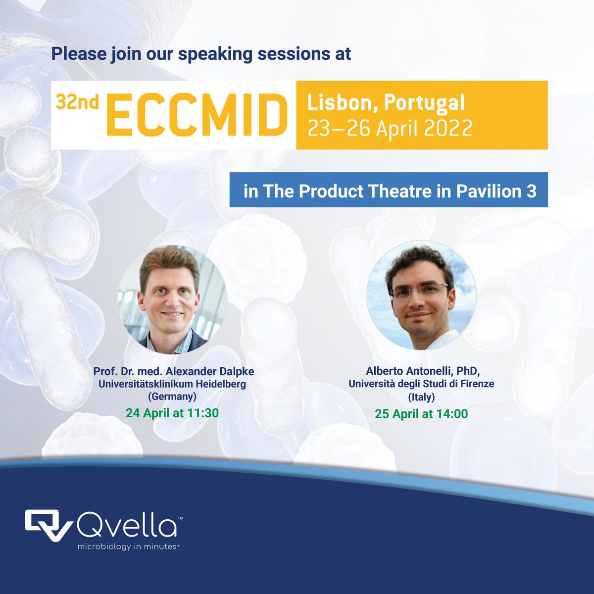qvellacorp's tweet photo. Come see us at #ECCMID2022 Check out Alexander Dalpke and Alberto Antonelli's live speaking sessions April 24th and 25th to learn more about our fight against Sepsis. #FASTsystem #medicaldevice #microbiology https://t.co/CwRhqDZJDt