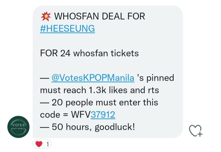 patty_nrk's tweet photo. 💥 WHOSFAN DEAL FOR #HEESEUNG

FOR 24 whosfan tickets

— @VotesKPOPManila 's pinned must reach 1.3k likes and rts
— 20 people must enter this code = WFV37912
— ends in 50 hours https://t.co/Pto4fn5ge3