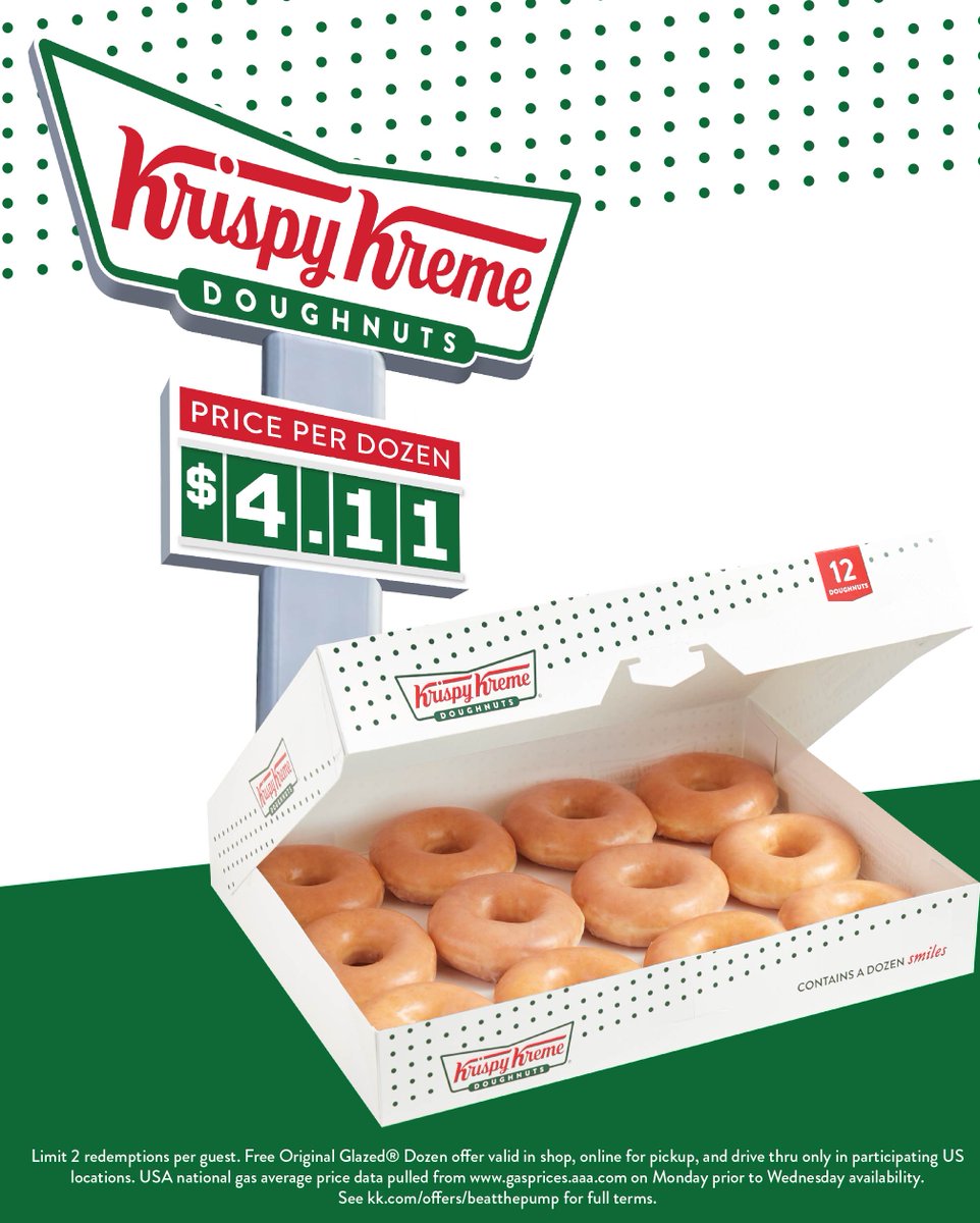 krispykreme's tweet photo. Fuel up w/ #KrispyKreme! ⛽🍩 The next 4 Wednesdays we’re helping alleviate the cost at the pump by matching the price of an Original Glazed dozen to the national average $ of a gallon of gas! WED. 4/13-5/4 at participating US shops only! Offer details at https://t.co/mGYEa6ZfTg https://t.co/0PGhbPjUok