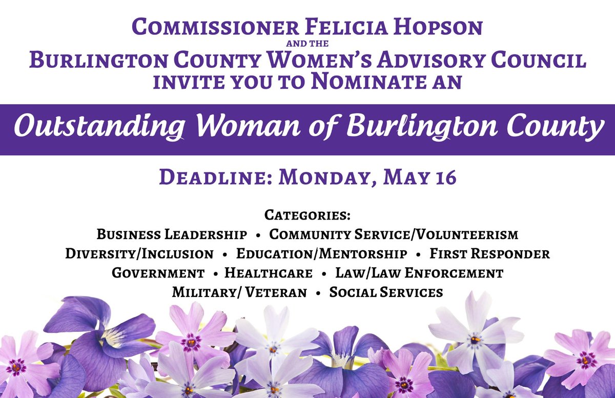 BurlCoWomen's tweet photo. The Council is accepting nominations for the 2022 Outstanding Women of #BurlCo Awards! Do you know a woman in the community going above and beyond for others? We want to know about her! To learn more or to obtain a nomination form, visit: https://t.co/anE3UuTKLw https://t.co/KbJUAFh7XN