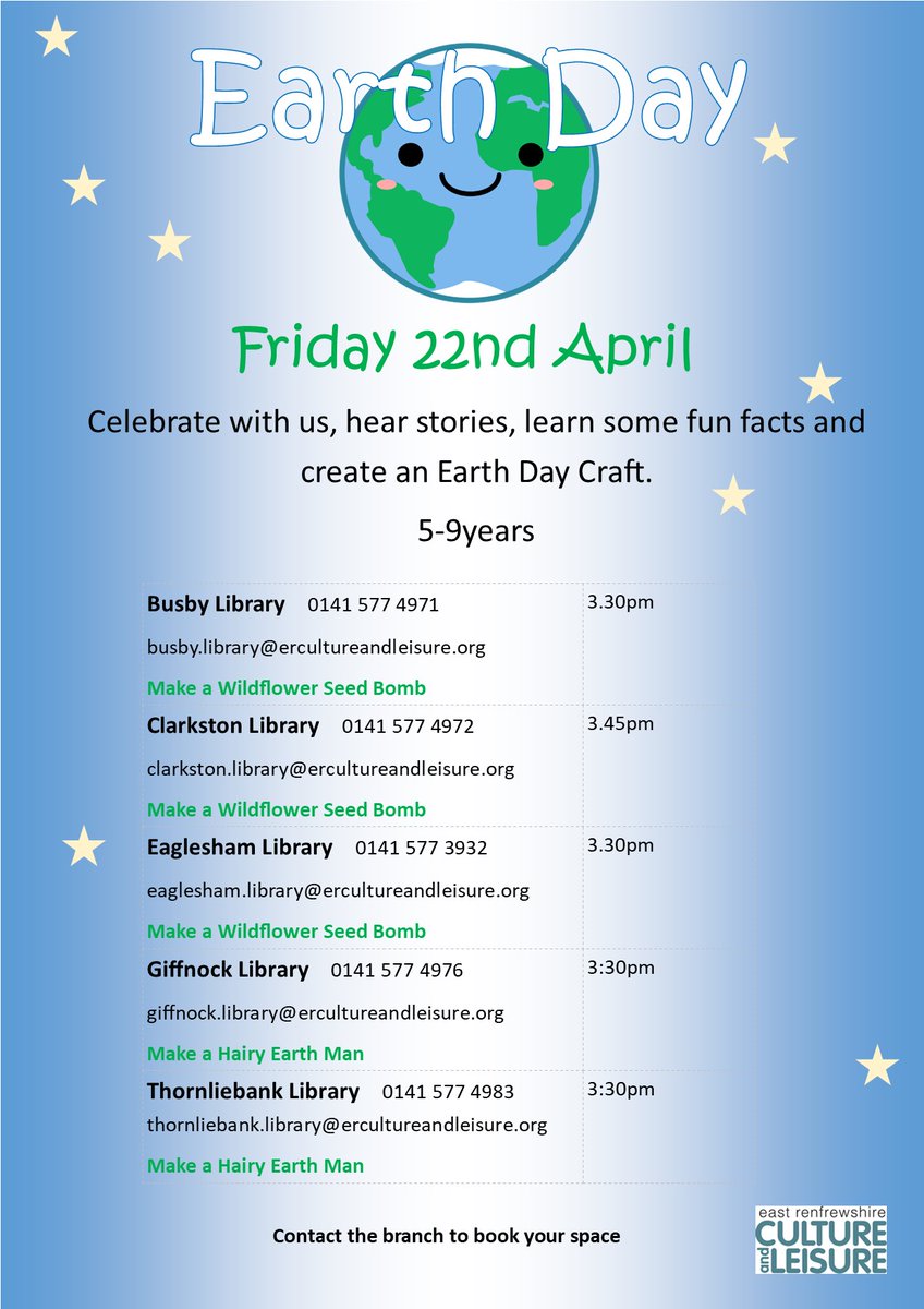 ERCL4's tweet photo. Friday 22nd April is Earth Day- a chance to #InvestInOurPlanet &make a difference. Join us for fab Earth Day activities as part of The Root Cause Project. Contact the library to book #GreenerLibraries
https://t.co/GMAC6hqkDt https://t.co/tl2NYr4RSH