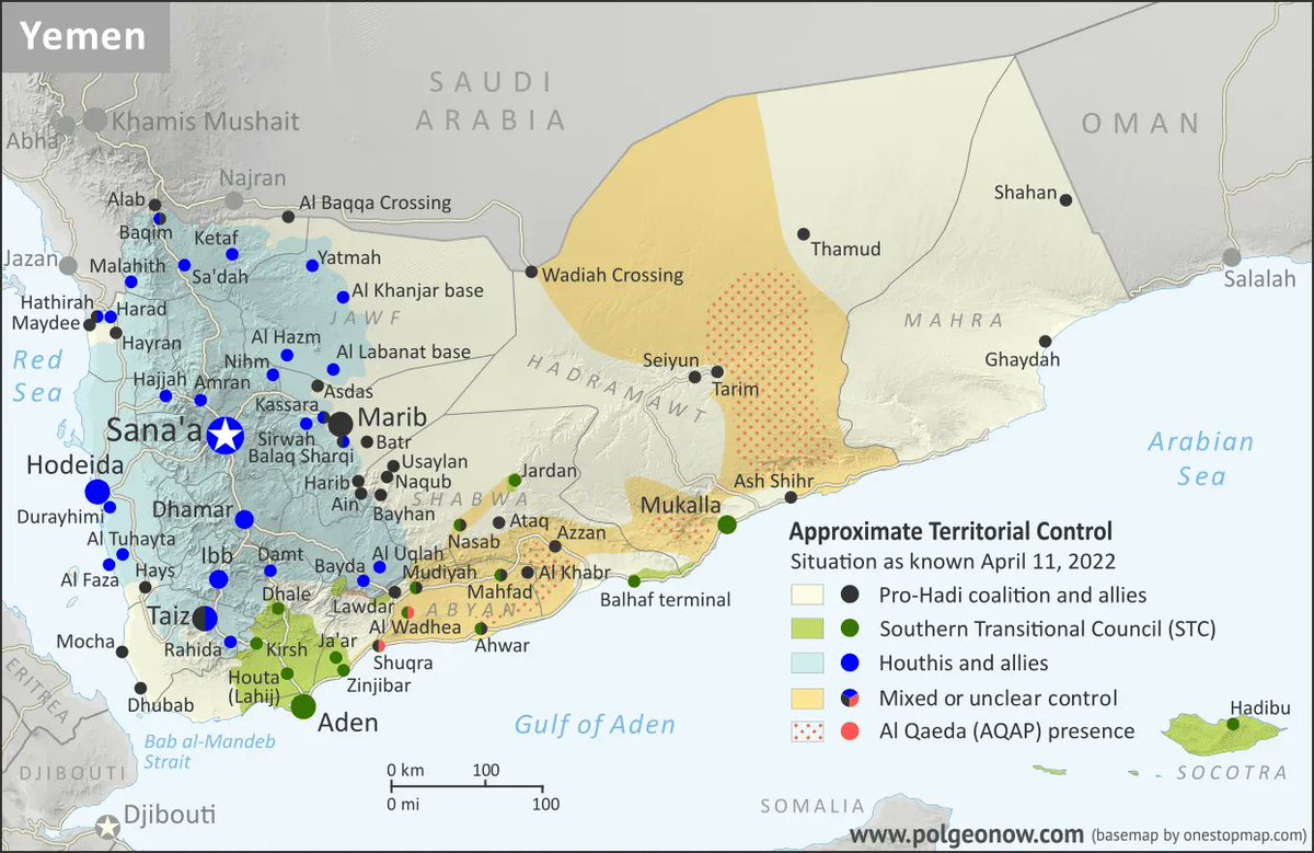 PolGeoNow's tweet photo. #Yemen's civil war has come to a pause amid a surprise UN-brokered truce. See where the lines of control stand now on this free edition of our #YemeniCivilWar territorial control map: https://t.co/Prjfz5sSH2
#controlmaps #conflictmaps #conflictmapping #YemenTruce #Houthis https://t.co/bxhmrgFwz2