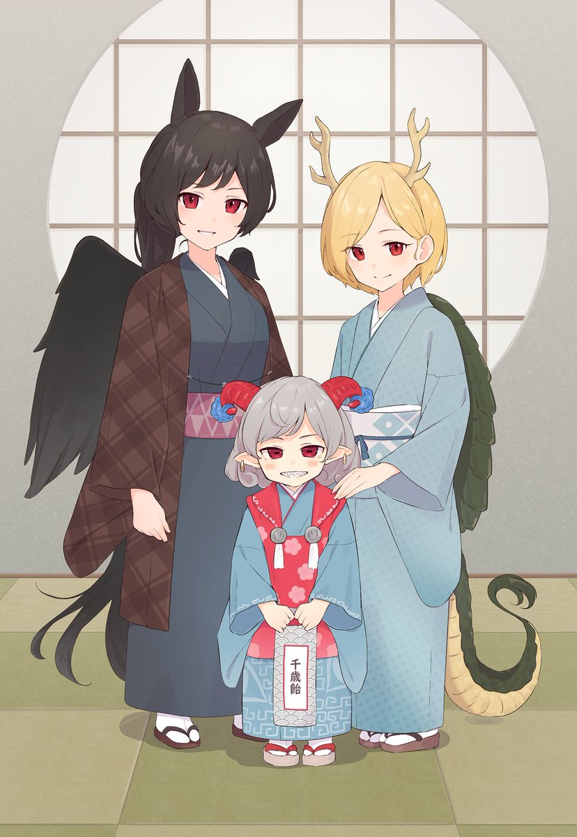kicchou yachie ,kurokoma saki ,toutetsu yuuma 3girls multiple girls red eyes antlers japanese clothes wings tail  illustration images