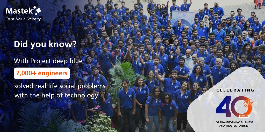 Mastekltd's tweet photo. Project Deep Blue, A @Mastekltd initiative is a 4-month buildathon for engineering students to develop innovative solutions to solve social problems and serves as a platform that bridges the gap between industry and academia.
Know more: https://t.co/VjU6tVR9BP
#40yearsofMastek https://t.co/qxrb5VL4IO