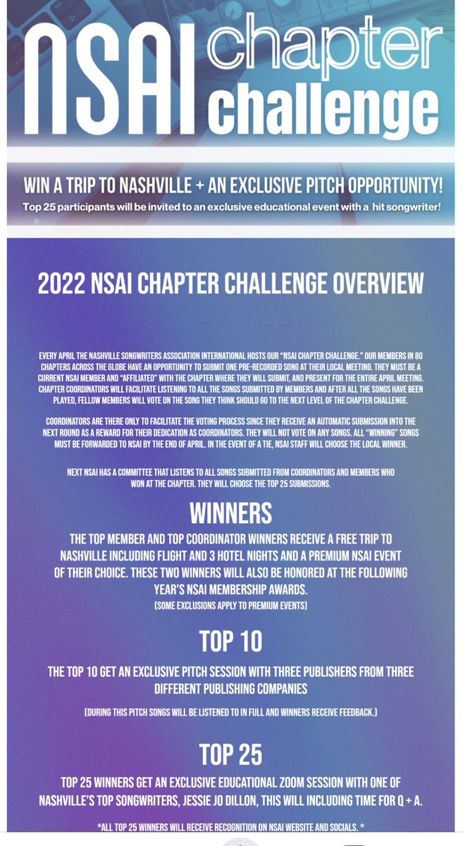NSAI_NYC's tweet photo. Attention New York Chapter members the Chapter Song Challenge is this Saturday from 10-12am Apr 16 https://t.co/Sa2q9sshbt
