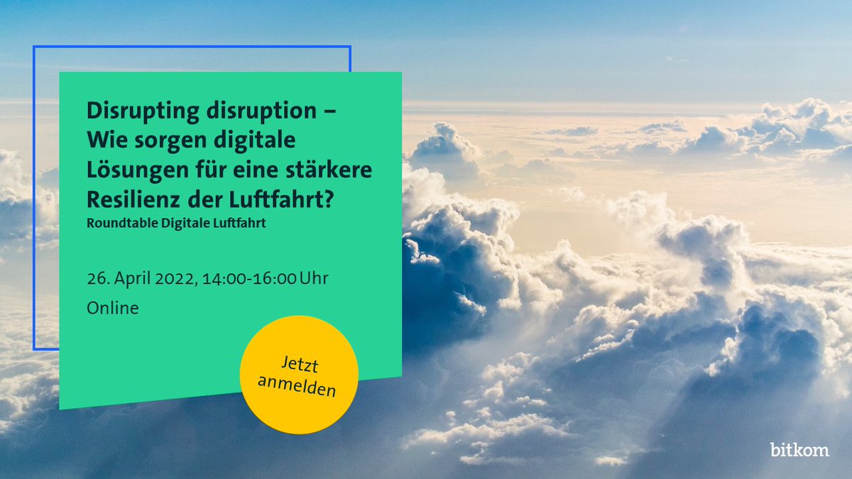 Bitkom_Aero's tweet photo. Wie können wir Unregelmäßigkeiten im Flugbetrieb fortan noch besser bewältigen? Nehmen Sie teil am #Roundtable der Luftfahrt- und Digitalbranche und diskutieren Sie u.a. mit Expert:innen von @Airport_FRA und @DLR_de.

Infos und kostenlose Anmeldung ➡️ https://t.co/J5zRN4blMS https://t.co/Sny3Rtds4w