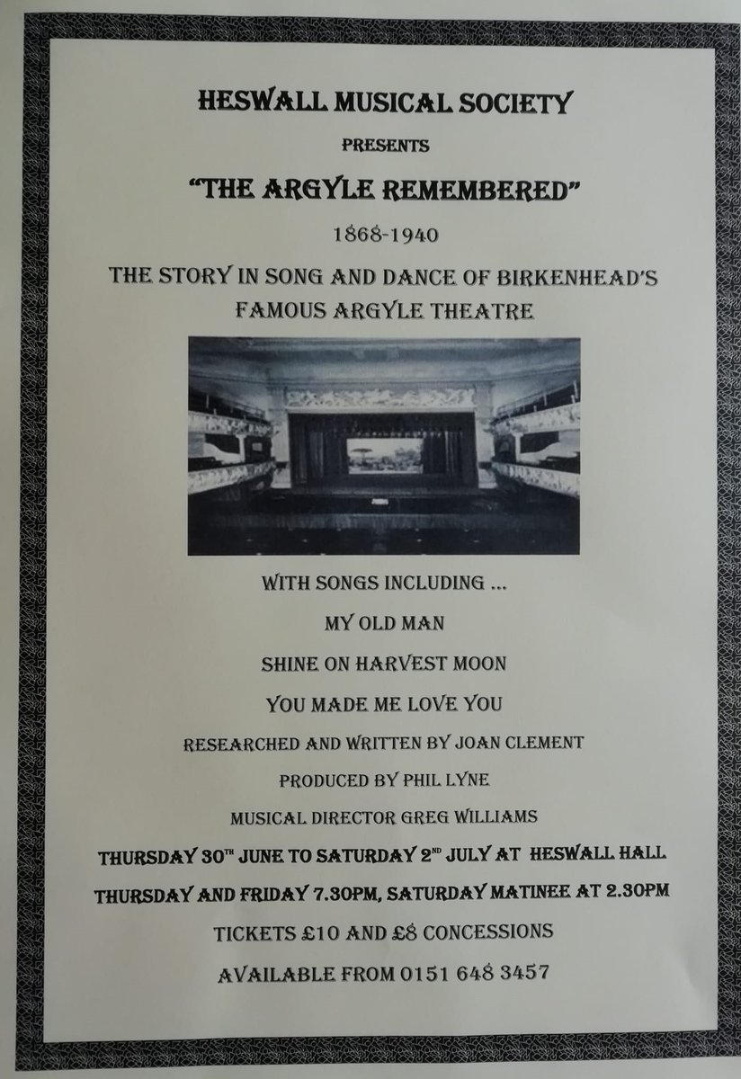 Tickets are now on sale for our production of The Argyle Remembered the story in song and dance of Birkenhead's famous Argyle Theatre. To be performed <a href="/HeswallHall/">Heswall Hall</a> 30th June-2nd July.