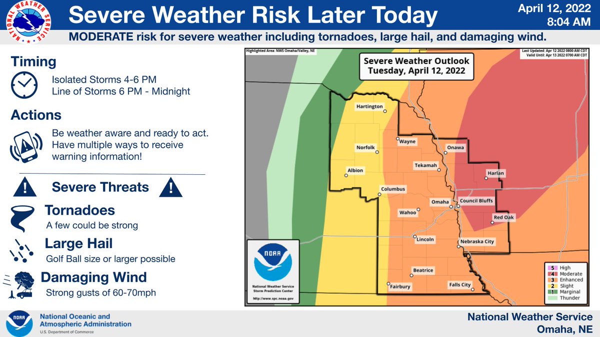 NWSOmaha's tweet photo. Heads up, the risk for severe weather has been updated to a MODERATE for portions of western and central IA. We are planning for severe storms later this afternoon and evening. Isolated storms 4-6 pm, and a stronger line 6pm-midnight. Please stay weather aware today! #newx #iawx https://t.co/KF4q1QAlNS