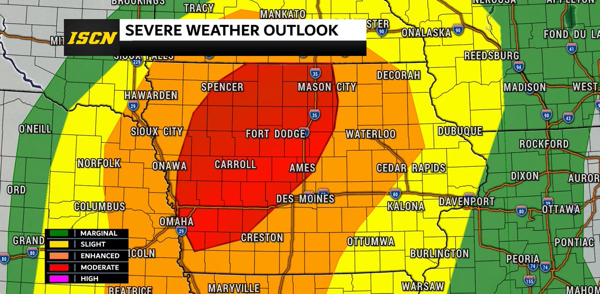 BREAKING: A moderate risk has been issued for today. Very large hail, damaging winds, and tornadoes (some strong) will be possible this evening. #IAwx