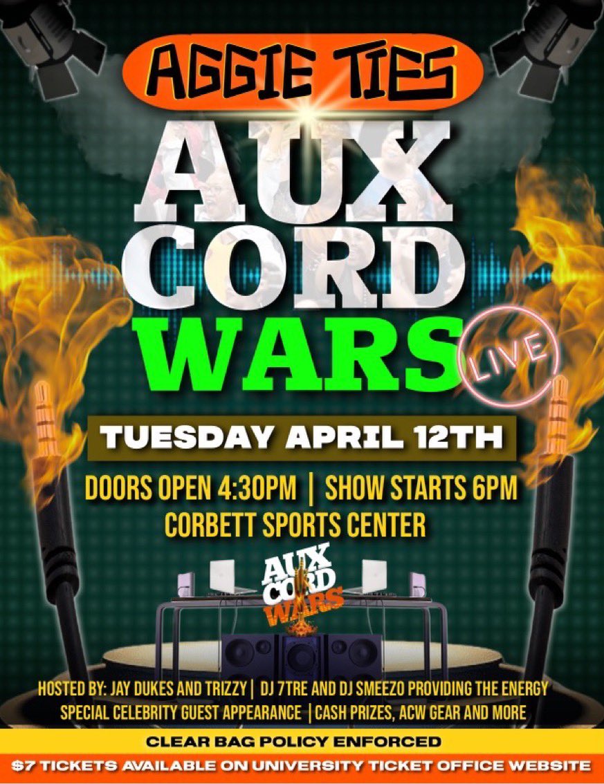 ncatsga's tweet photo. #NCAT we going liveeeee🔥 join us in Club Corbett for Aux Cord Wars Live🔊 this is your chance to win cash prizes and turn up to your choice of music! Get your ticket for only $7 dollars via the ticket office website. You with us or not?#aggielanguage🐍 https://t.co/D2zUAnbSkY