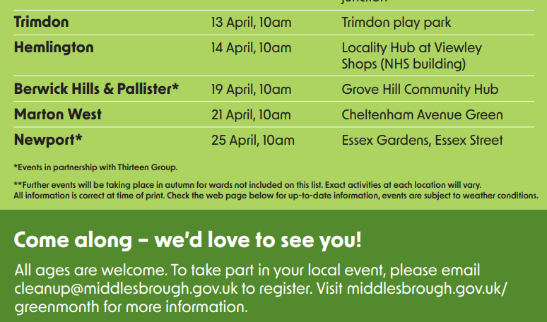 #Middlesbrough Council are having a ‘green takeover’ month until 25 April, &amp; you can get involved! They are taking action to make your town greener, cleaner and safer for residents, wildlife, and the environment. Get involved with community litter picks &amp; much more!