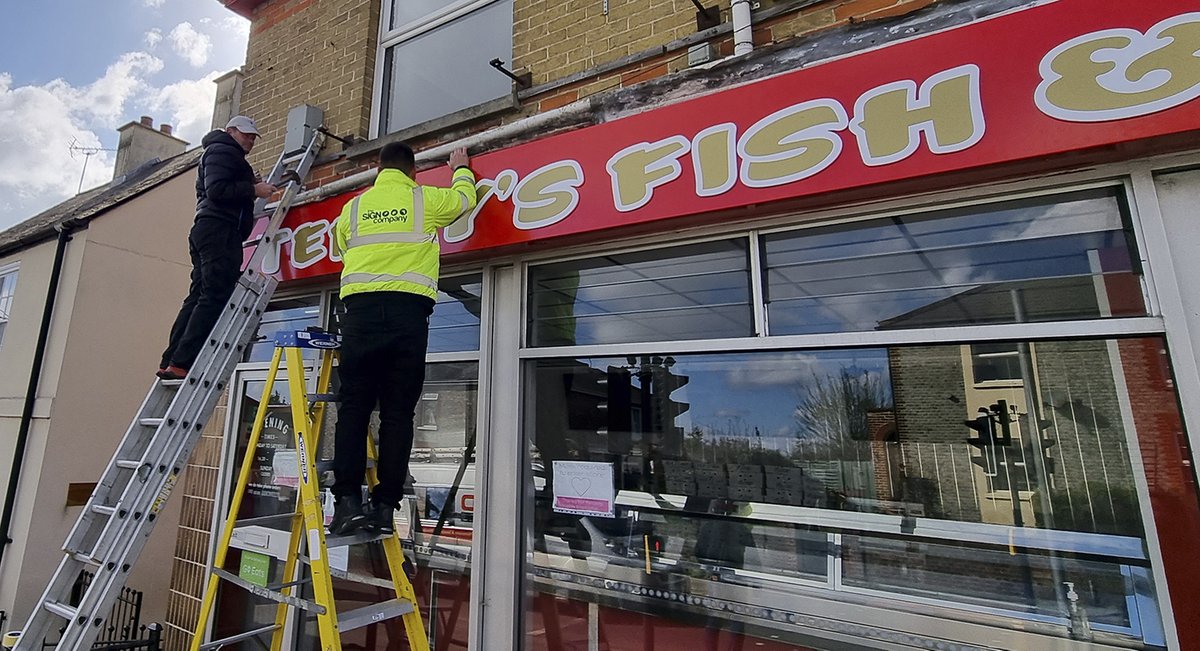 Removing the old Terry's fish &amp; chips signage fascia and replacing with new sign &amp; LED light. A big project successfully completed! #fishandchips #local #shopsigns #shopfascia #supportlocalbusinesses #isleofwight #signcompany