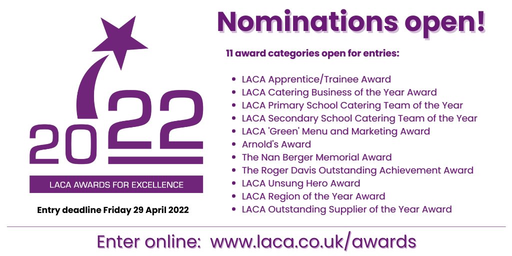 Entries for this year's #LACA Awards for Excellence close later this month - take a look at the 11 categories open for nomination and enter online before Friday 29 April 🖱️ laca.co.uk/awards Winners will be revealed at the LACA Main Event in July #LACAME #SchoolFood