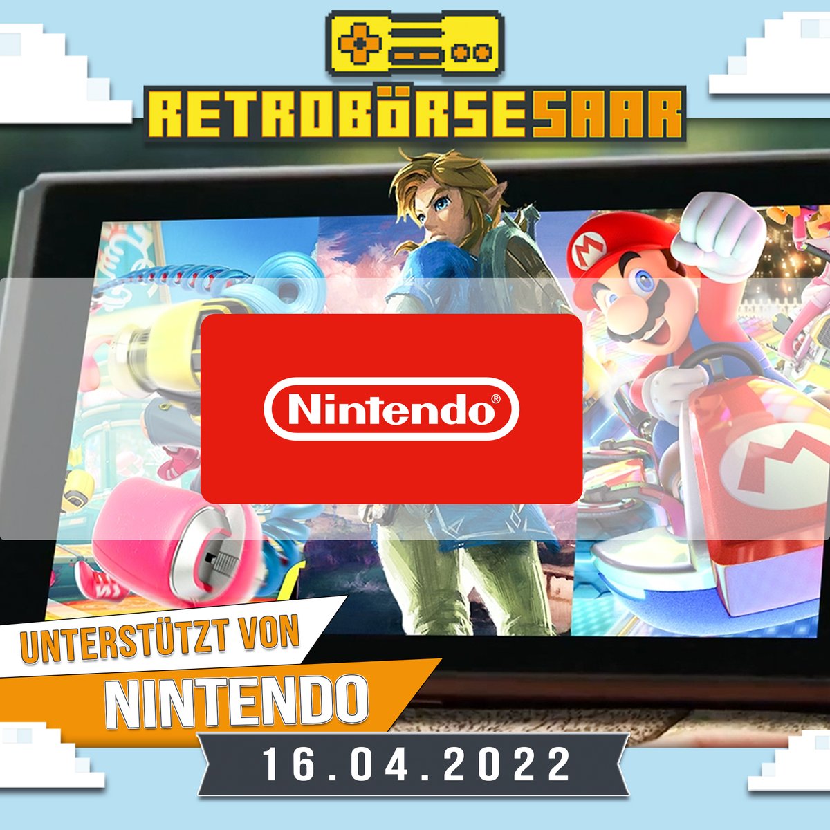 Vielen Dank <a href="/NintendoDE/">Nintendo DE</a>  ❤️
Für die 8. Retrobörse Saar - die Retroconvention im Saarland stellt uns Nintendo mehrere Switch - Konsolen für Turniere und zum freien Spiel zur Verfügung. Ihr dürft euch zudem auf tolle Preise freuen 😊