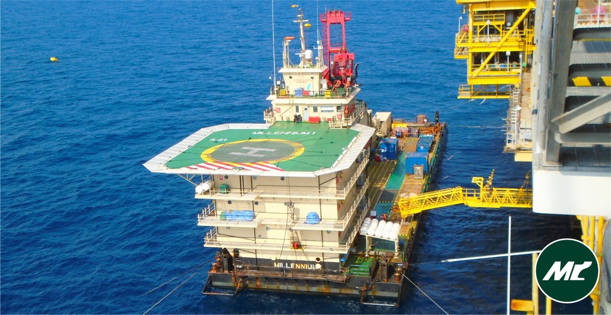 MubarakMarine's tweet photo. At 65 metres in length and 20 metres breadth, our Millennium One is a so-called hook-up barge, providing offshore crew accommodation for up to 142 people. The list of equipment on board this floating hotel includes a professional galley for up to 200 meals. #MubarakMarine #Barges https://t.co/s0OEdcmpxK