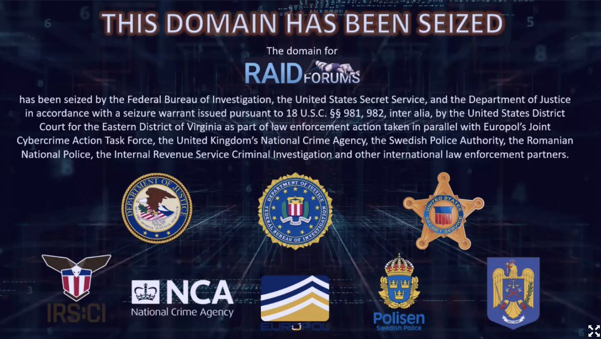 Confirmed: influential hacker forum Raid Forums was seized by US/ Europol. The site mysteriously went offline last month and now cops confirm they were involved. Another big hit to cyber crime in what is proving to be a stellar 2022 for enforcement.  europol.europa.eu/media-press/ne…