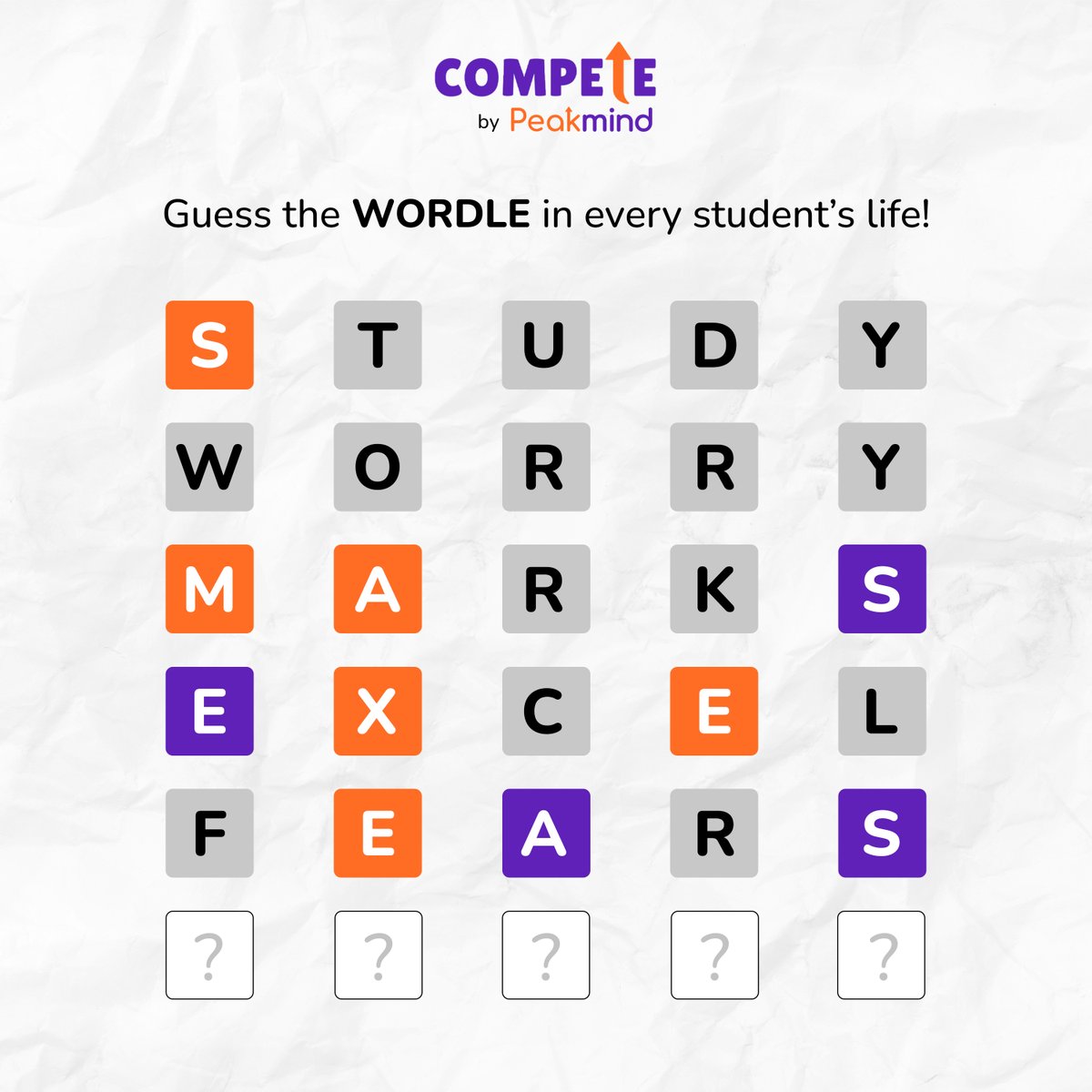 peakmind_in's tweet photo. Can you guess the #wordle?

Hint: The time of the year when #students #study hard, #experience fear of #failure, #worry about excelling and get good marks. 

#wordle #brainteaser #wordlegame #anxiety #stress #worry #study #fears https://t.co/heDFUS1dg4