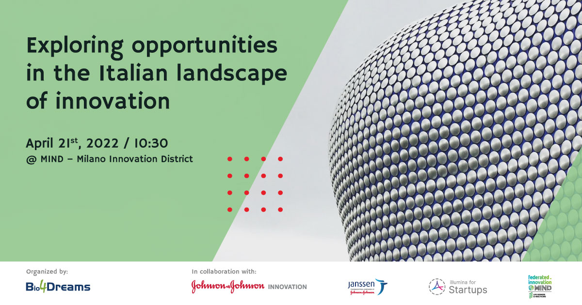 🚀 Exploring opportunities in the Italian Landscape of Innovation

📆 L'evento si terrà il 21 aprile 2022 al MIND - Milano Innovation District.

Partecipa al webinar: bio4dreams.us17.list-manage.com/track/click?u=…

#innovation #innovup #scaleup #startup #tech #Janssen_italia #MIND