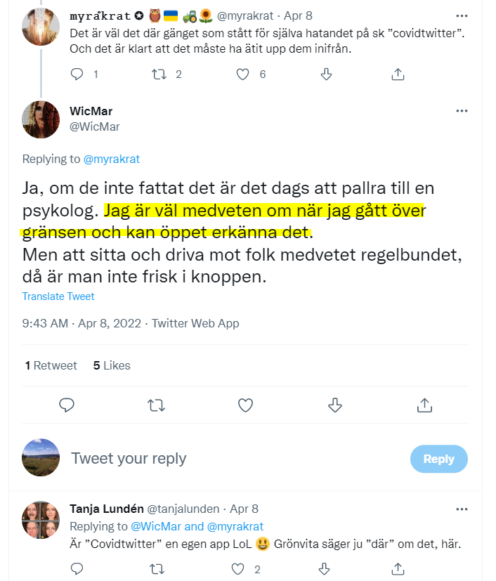 EpluribusAnders's tweet photo. Finns mycket att fundera på här. Men man skulle ju gärna vilja veta lite mer om när Wiccan själv insett att hon gått över gränsen? "Men att sitta och driva mot folk medvetet regelbundet" 🧐🤔 If the shoe fits, eh? #driva

Och så Tanjas kommentar ... 🙈 https://t.co/6OS2lEsEKh