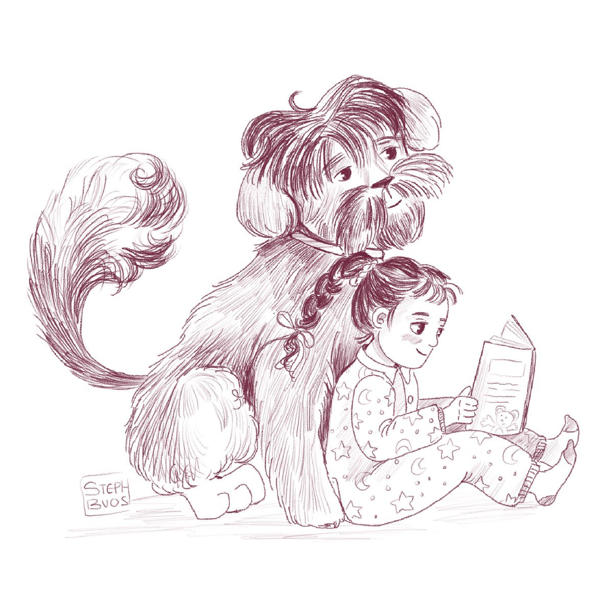 steph_ingstones's tweet photo. Just a quick late night sketch for #DrawMoor this week: “A little girl reading a bedtime story with her pet puppy” kind of made the puppy a bit in the big side. #kidlitart https://t.co/SrHhlPlzX7