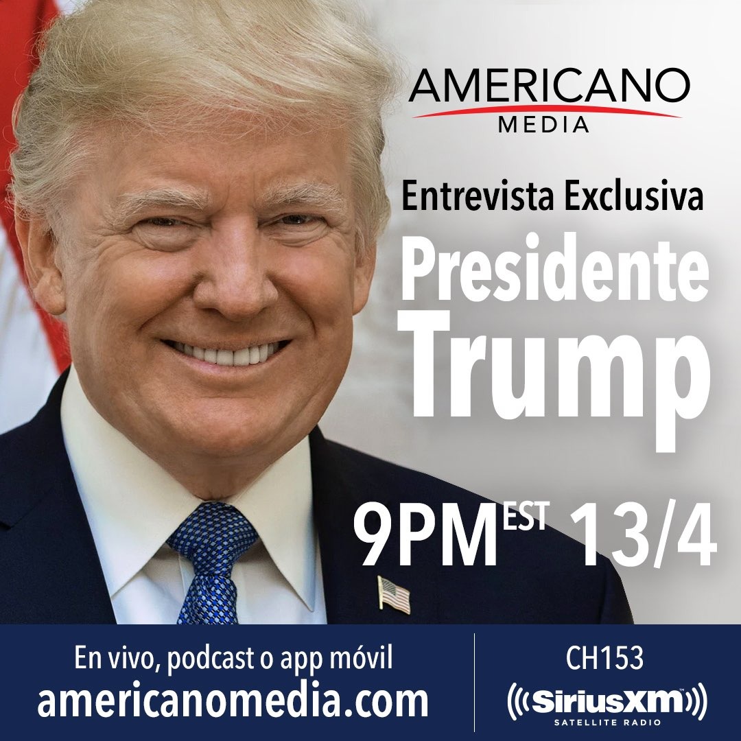 AmericanoMedia's tweet photo. Mañana en #AmericanoMedia, una conversación amena y con respuestas reales. El Presidente #DonaldTrump habla sobre los temas más importantes de hoy día.

https://t.co/BV7fpmPayp 
#SiempreAmericano #SoyAmericano  #SomosAmericano
#convervative https://t.co/FBbPQNFqZY
