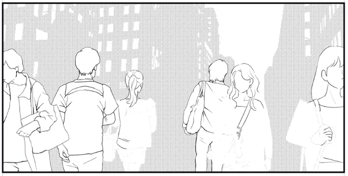 背景に人物載せるときは、昔のアニメのセル画?みたいに描いてます。皆さんはどうやって描いてるのか気になります……!

①背景レイヤー
②+白抜きレイヤー
③+ペン入れレイヤー
④+ベタ・トーン・その他飾りのレイヤー 