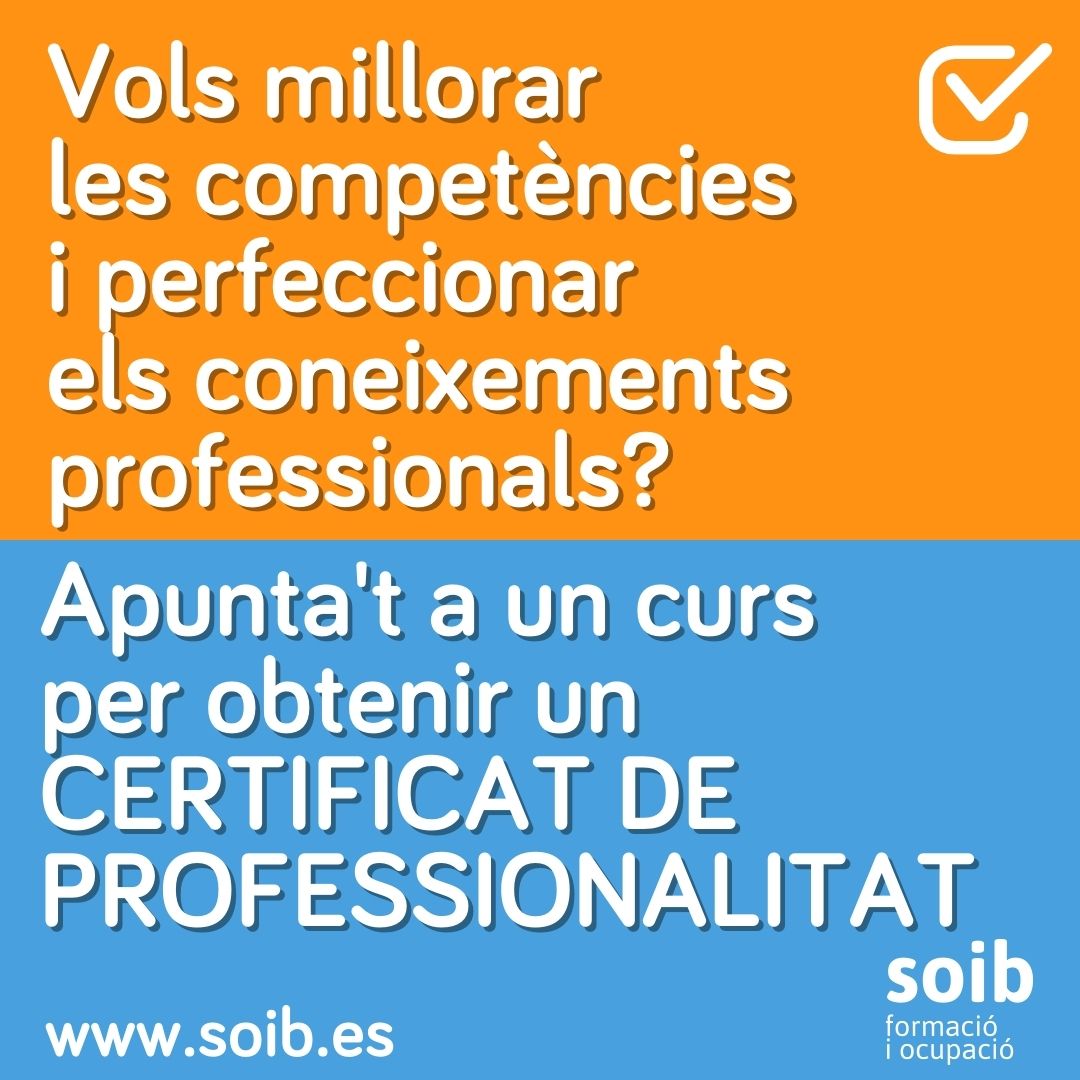 SOIBgoib's tweet photo. 📢 Els Certificats de Professionalitat que ofereix gratuïtament el SOIB tenen molts PROS ❗
Activa't i descobreix un ampli catàleg de formació GRATUÏTA i ACCESIBLE, que et permetrà millorar les competències professionals i preparar-te per al futur
#SomPro #SOIBSomPro https://t.co/o505VtW7nh