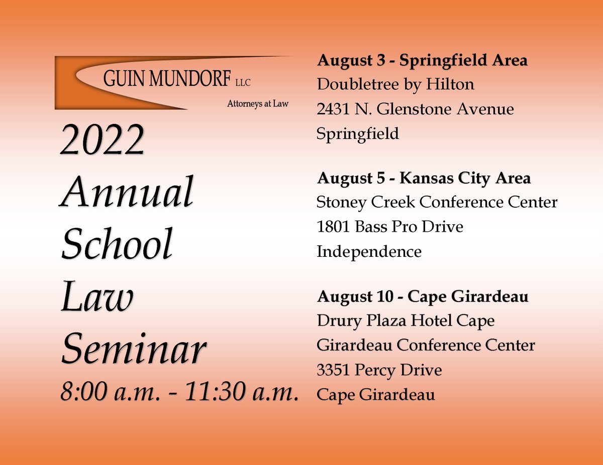GuinMundorfKC's tweet photo. We are pleased to announce the dates and locations for the 2022 Guin Mundorf School Law Seminars.  Join us for the #2022GMSLS to discuss the key legal topics for the 2022-23 school year. Click the link below to register today! 

https://t.co/GlDKLJx5KU https://t.co/xuSx9XO5hQ