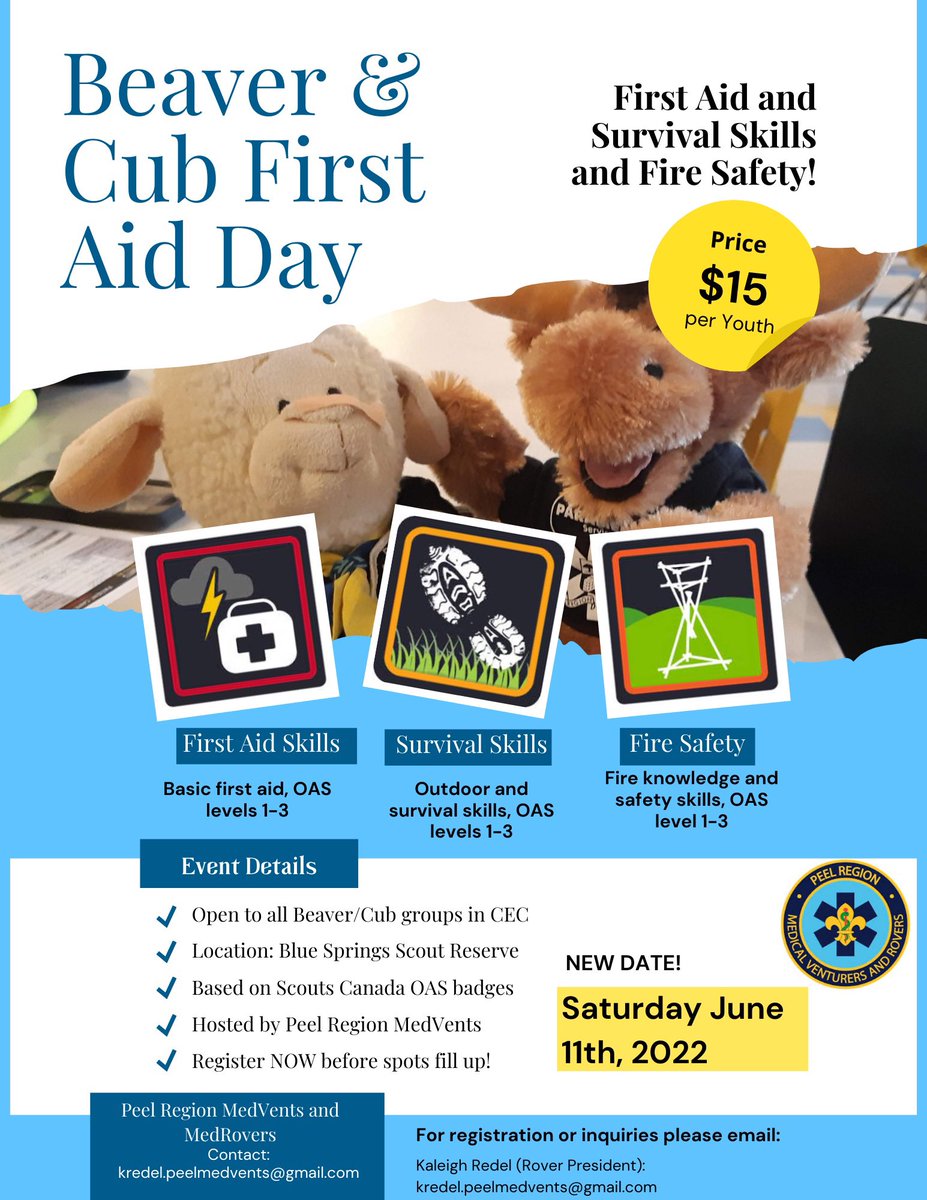 ‼️ spots are filling up quickly for Beaver/Cub First Aid Day! 

Does your group want to learn more about first aid? Then this event is for YOU! 

Open to all #beaver and #cub groups in <a href="/cecscouts/">CEC Scouts Canada</a> 🦫🐺

📩 for registration and inquiries please email kredel.peelmedvents@gmail.com