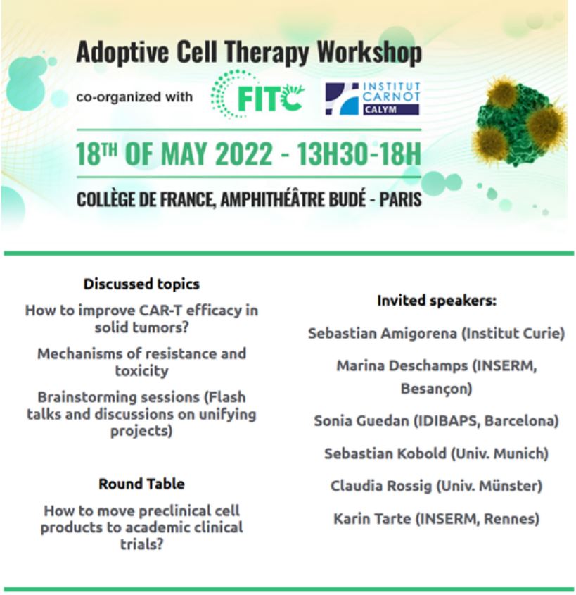 Emmanuel Donnadieu (@emmanueldonnad1) on Twitter photo Interested in CAR T cells?
Please join us on May 18, 2022, for an in-person workshop in Paris
Organized by <a href="/FITC_cancer/">Société Française d'Immuno-Thérapie du Cancer</a> and <a href="/CarnotCALYM/">Inst. Carnot CALYM</a>.
Speakers: <a href="/GuedanS/">SoniaGuedan</a>, <a href="/straathof_karin/">Karin Straathof💙🎗</a>, K. Tarte <a href="/honeycomb_team/">Honeycomb Team</a>, S. Amigorena…
To register and send abstracts: fitcancer.fr/en/workshop-fi… Interested in CAR T cells?
Please join us on May 18, 2022, for an in-person workshop in Paris
Organized by <a href="/FITC_cancer/">Société Française d'Immuno-Thérapie du Cancer</a> and <a href="/CarnotCALYM/">Inst. Carnot CALYM</a>.
Speakers: <a href="/GuedanS/">SoniaGuedan</a>, <a href="/straathof_karin/">Karin Straathof💙🎗</a>, K. Tarte <a href="/honeycomb_team/">Honeycomb Team</a>, S. Amigorena…
To register and send abstracts: fitcancer.fr/en/workshop-fi…