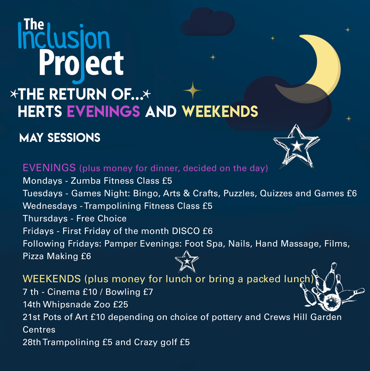 WeAreInclusion's tweet photo. 🌚🌞 HERTS EVENINGS &amp; WEEKENDS🌞🌚

Some of our Participants have already been enjoying evenings &amp; weekends with our wonderful Group Leaders.But we are excited to announce our service is back starting in May. 

email: eveningsandweekends@inclusionproject.co.uk https://t.co/W1XncuzNwy