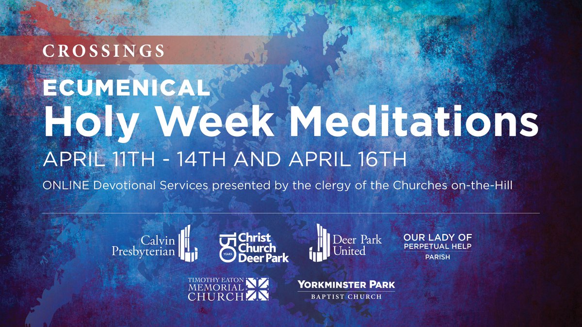 Crossings – Ecumenical Holy Week Meditations
April 11 - 14 &amp; April 16 2022
Monday’s service comes from Timothy Eaton Memorial Church. Enter a different sanctuary each day and hear briefly from the clergy.
vimeo.com/698129156
#HolyMonday #JesusChrist <a href="/TEMCca/">Terry Mccart</a>
